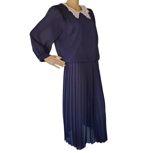 Vintage Career Blouson Maxi Dress Women's 12 Sheer Zip Blue Lace Crochet Collar - Picture 9 of 12